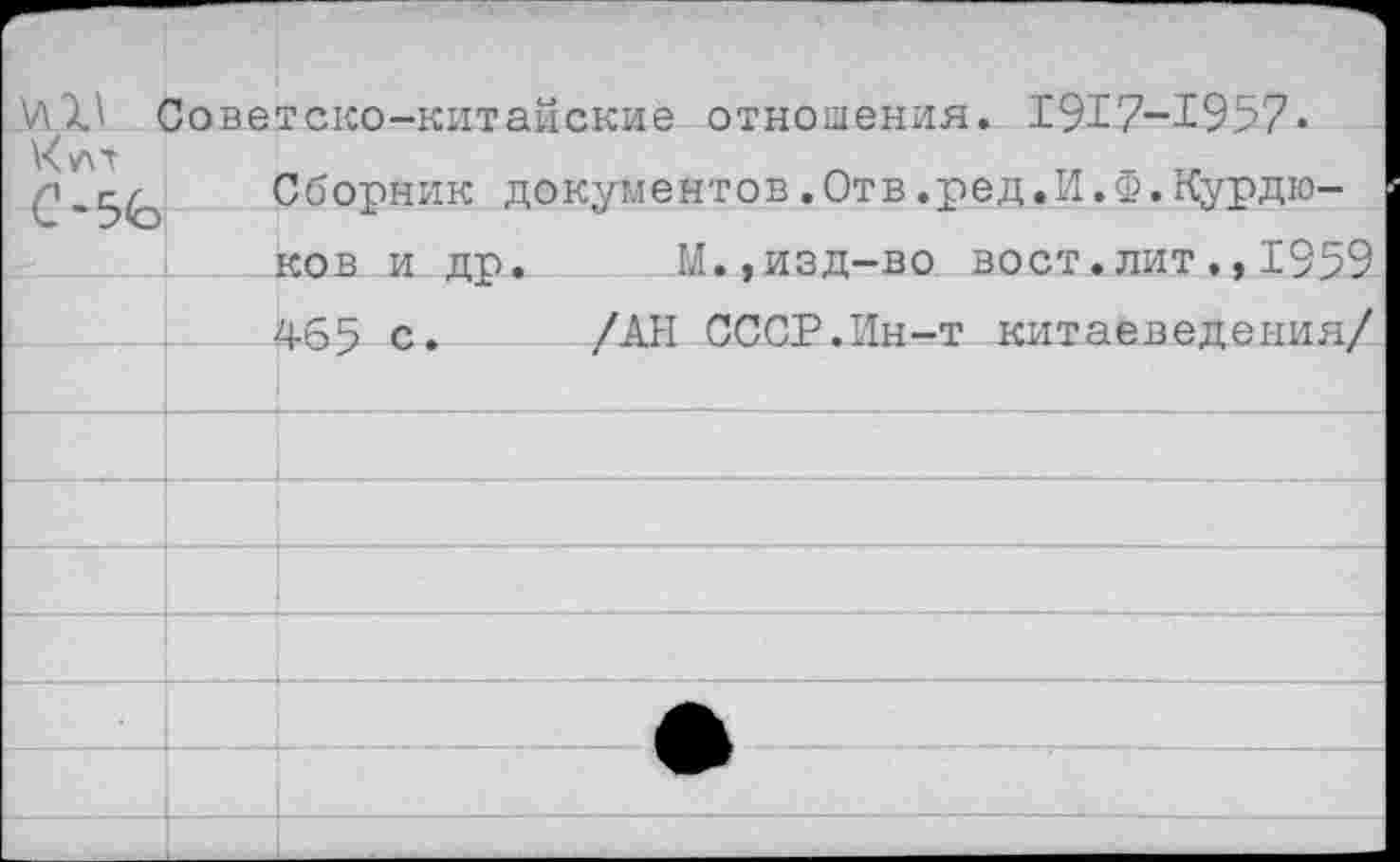 ﻿М75 Советско-китайские отношения. 1917-1957•
.5^-. Сборник документов.Отв.ред.И.Ф.Курдюков и др.	М.,изд-во вост.лит1959
465 с. /АН СССР.Ин-т китаеведения/